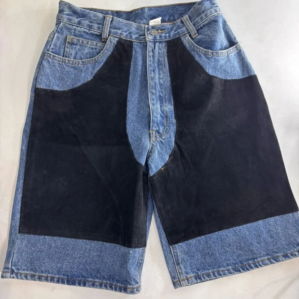 NWT Vintage 90s Servuchi Paris Denim Shorts Black Suede Panel Baggy Size 9/10